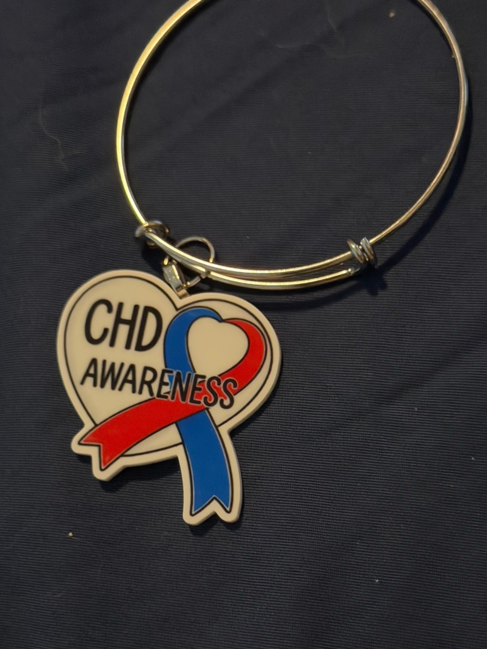 CHD Awareness Heart Ribbon Bangle Bracelet - Silver with Red & Blue Charm